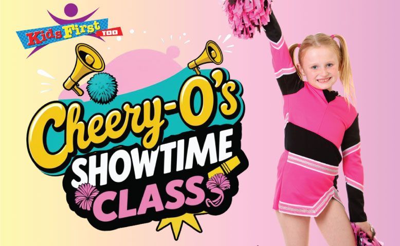 Young girl in pink and black cheerleading outfit holding pom-poms, promoting a 