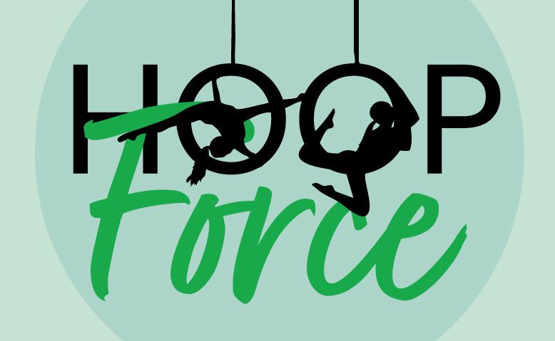 A logo for hoop force with a silhouette of a person hanging from a hoop.