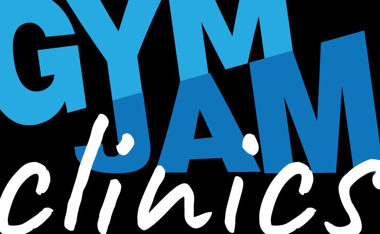 Logo: Gymnasts on balance beam and bars, with text 