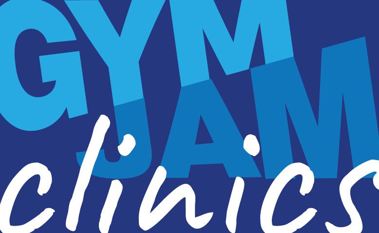 Stylized blue and white logo reading “GYM clinics” on a dark background