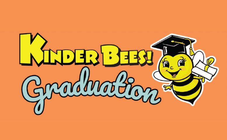 Kinder Bees! Graduation announcement with smiling bee in mortarboard and diploma. Orange background.