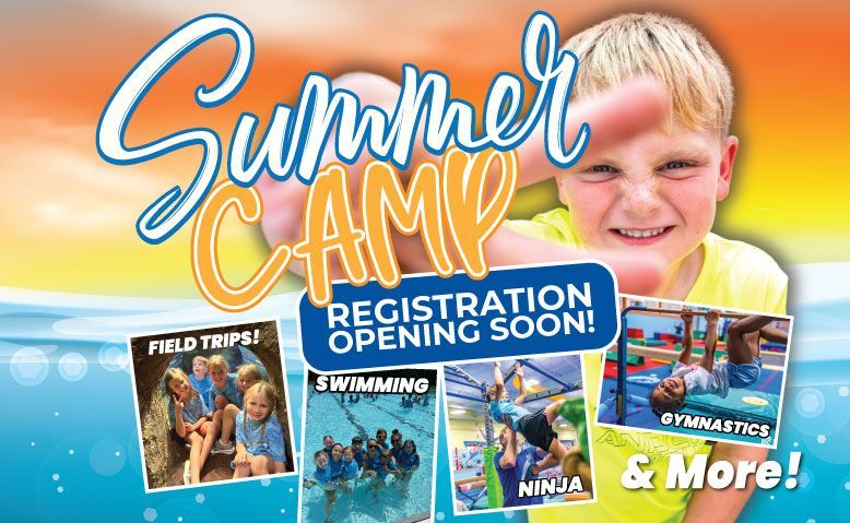 Summer camp promotion: Boy reaching out; features field trips, swimming, ninja, gymnastics & more.