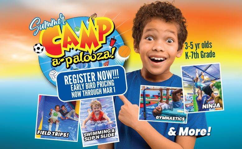 Summer camp advertisement with boy pointing. Features field trips, swimming, ninja, gymnastics, and ages 3-5 yrs/ K-7th grade.