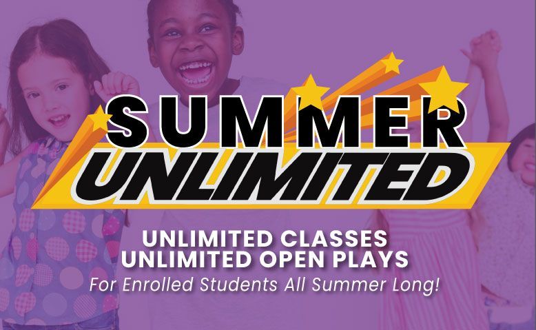 An advertisement for summer unlimited classes for enrolled students all summer long