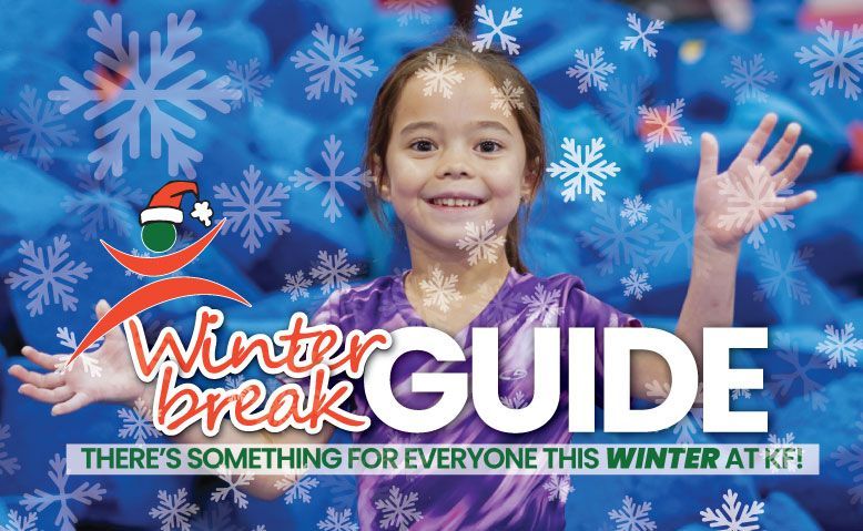Young girl with open arms in a blue environment, surrounded by snowflakes, promoting a winter break guide.