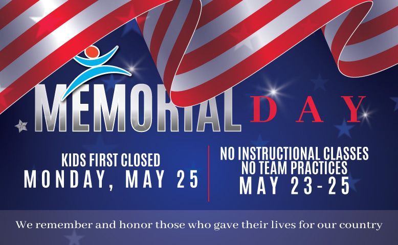 Memorial Day banner with U.S. flags and text listing school and work closures on Monday, May 25, 2025