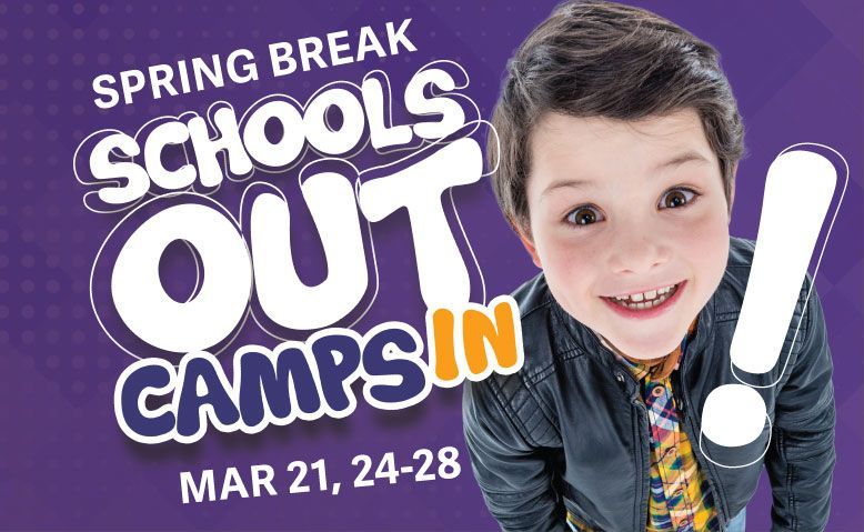 A young boy is smiling in front of a sign that says schools out camps in