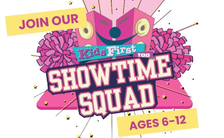 Join the Kids First Showtime Squad. Graphic with a speaker-shaped face, pom-poms, and 