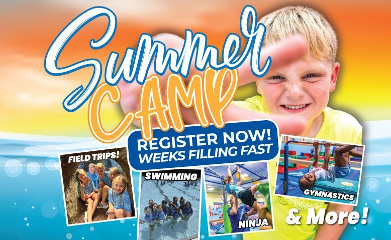 Summer camp advertisement with boy pointing. Features field trips, swimming, ninja, gymnastics, and ages 3-5 yrs/ K-7th grade.