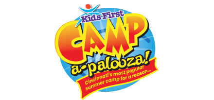 Camp a-palooza logo with orange and red text, blue background, and ribbon that says