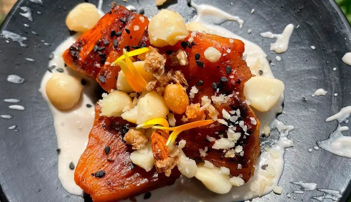A close up of a plate of food on a table.