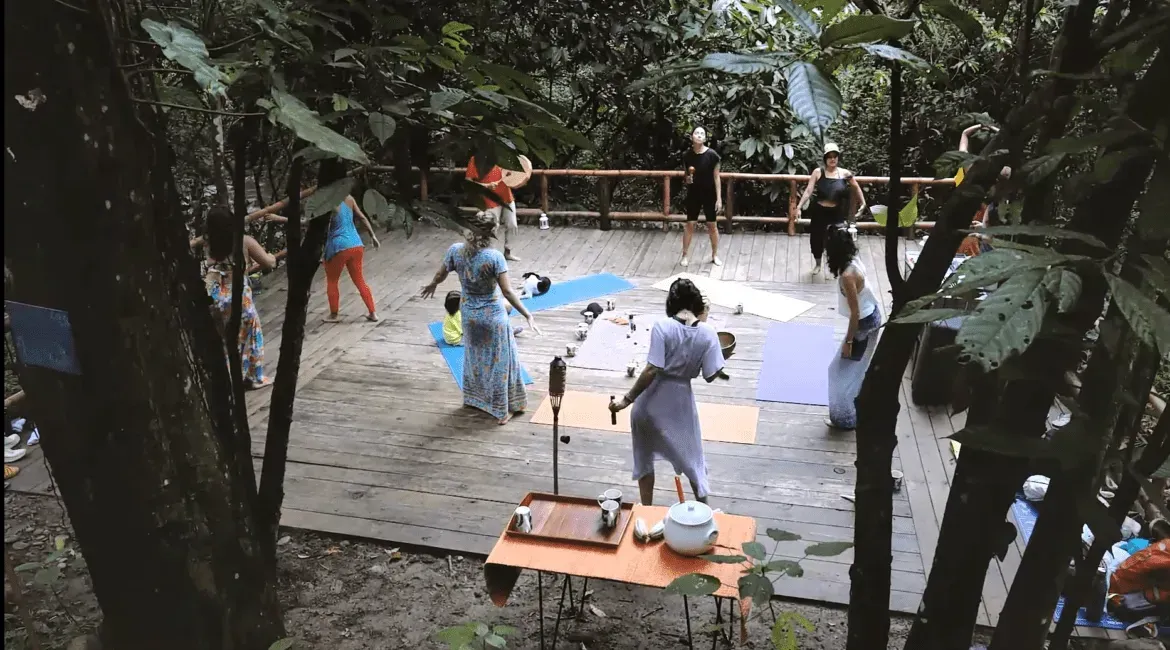 A group of people are standing on yoga mats in the woods.