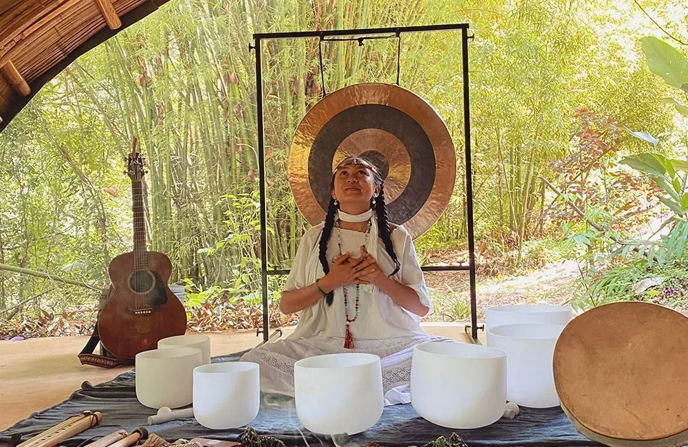 A woman is sitting in front of a gong and a guitar.