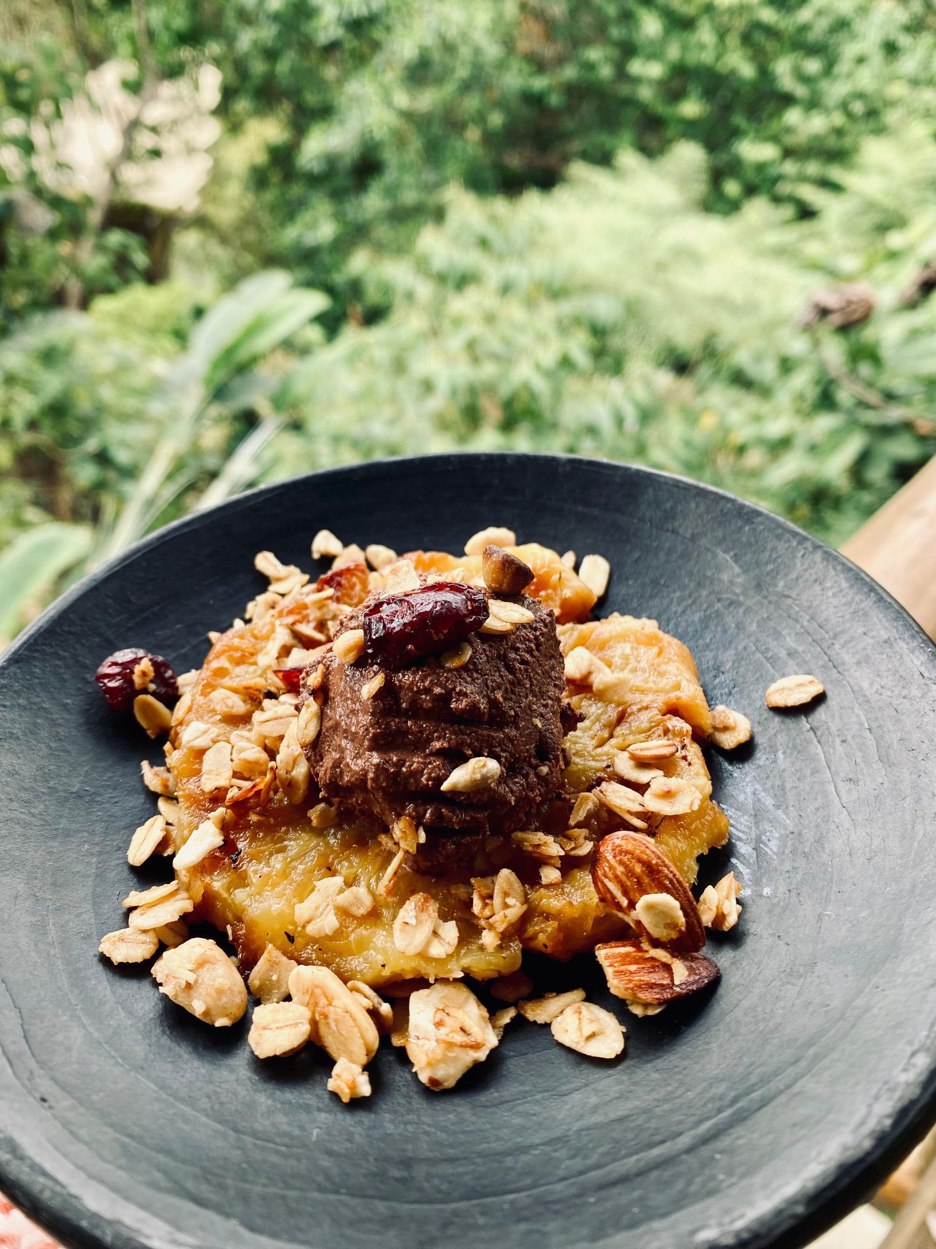A black plate topped with food and nuts with trees in the background