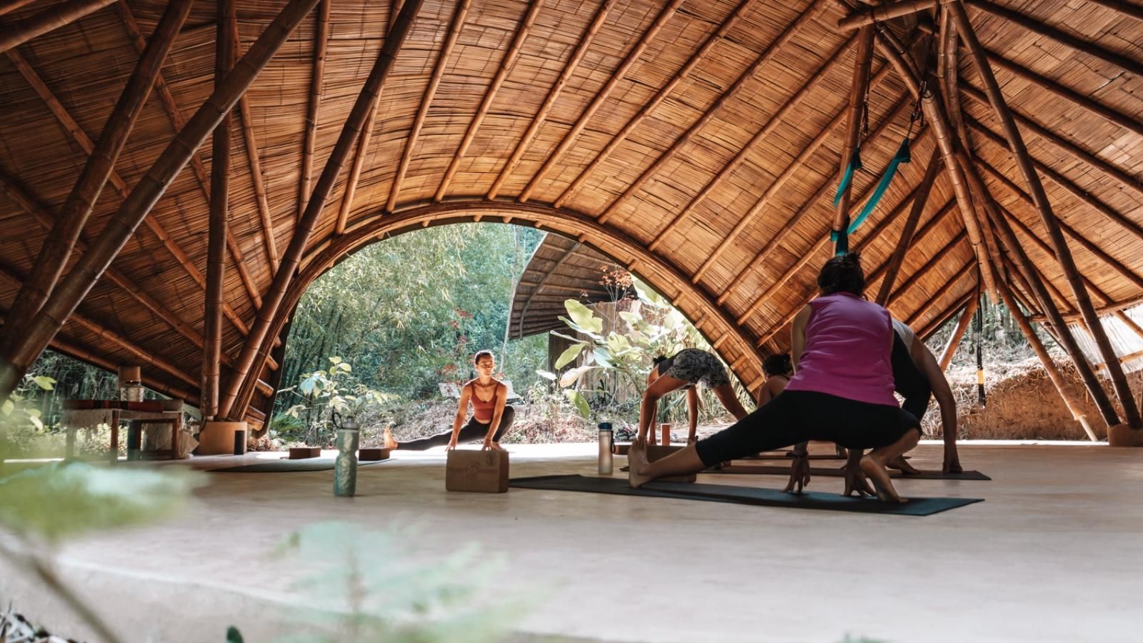A group of people are doing yoga in a bamboo hut.