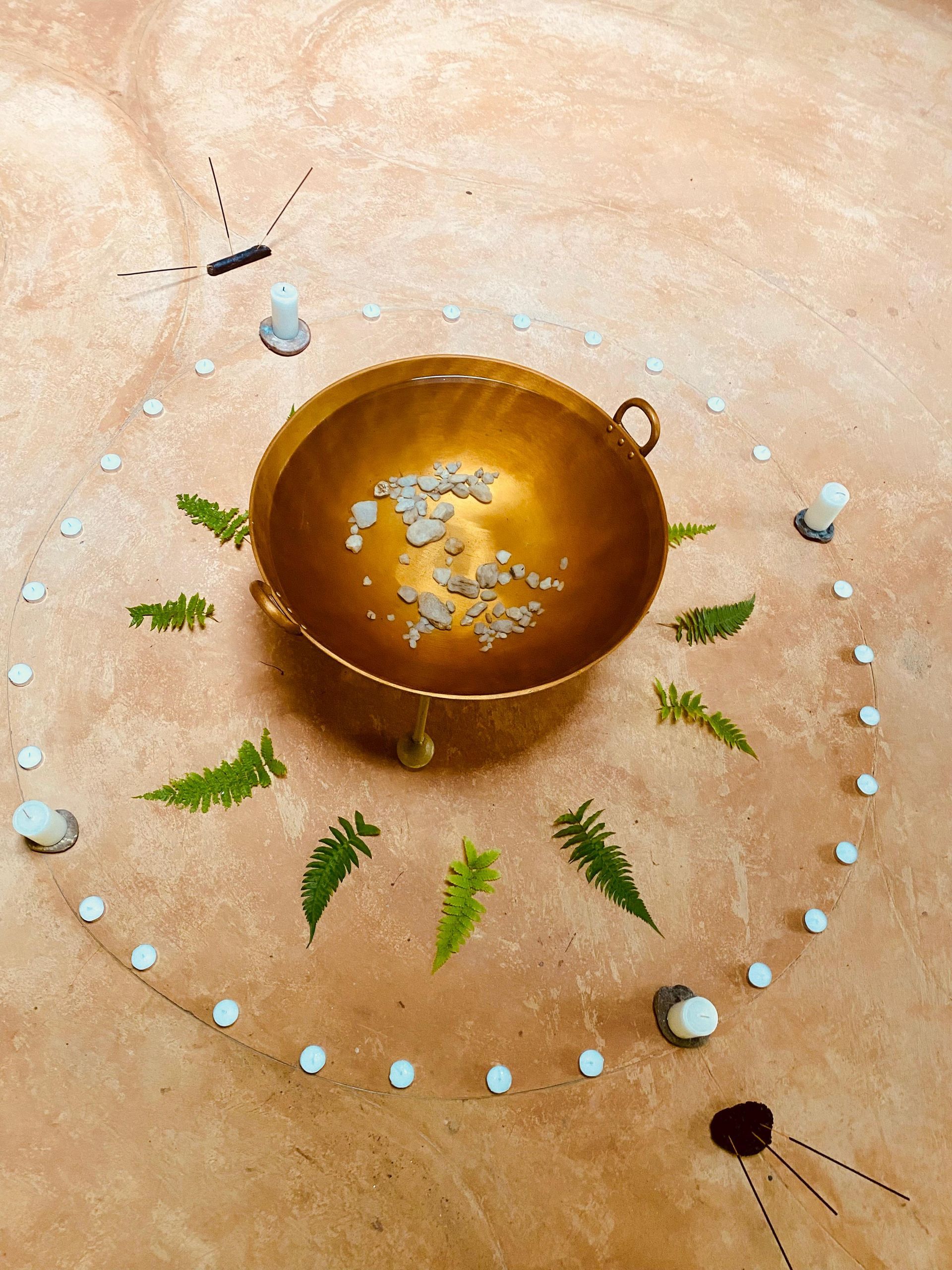 A bowl of water is in the middle of a circle of leaves and rocks.