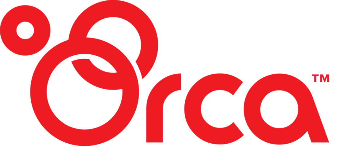 A red orca logo on a white background