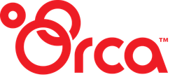 A red orca logo on a white background