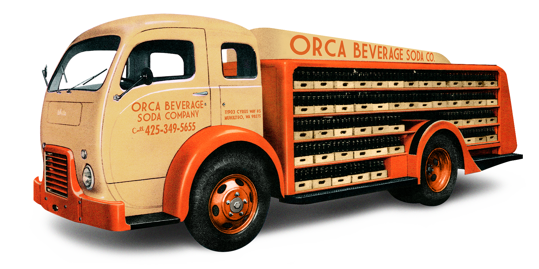 An old orca beverage truck on a white background