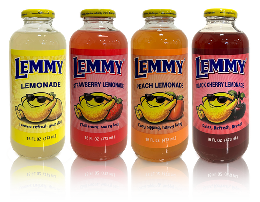 Several bottles of lemmy lemonade are lined up in a row