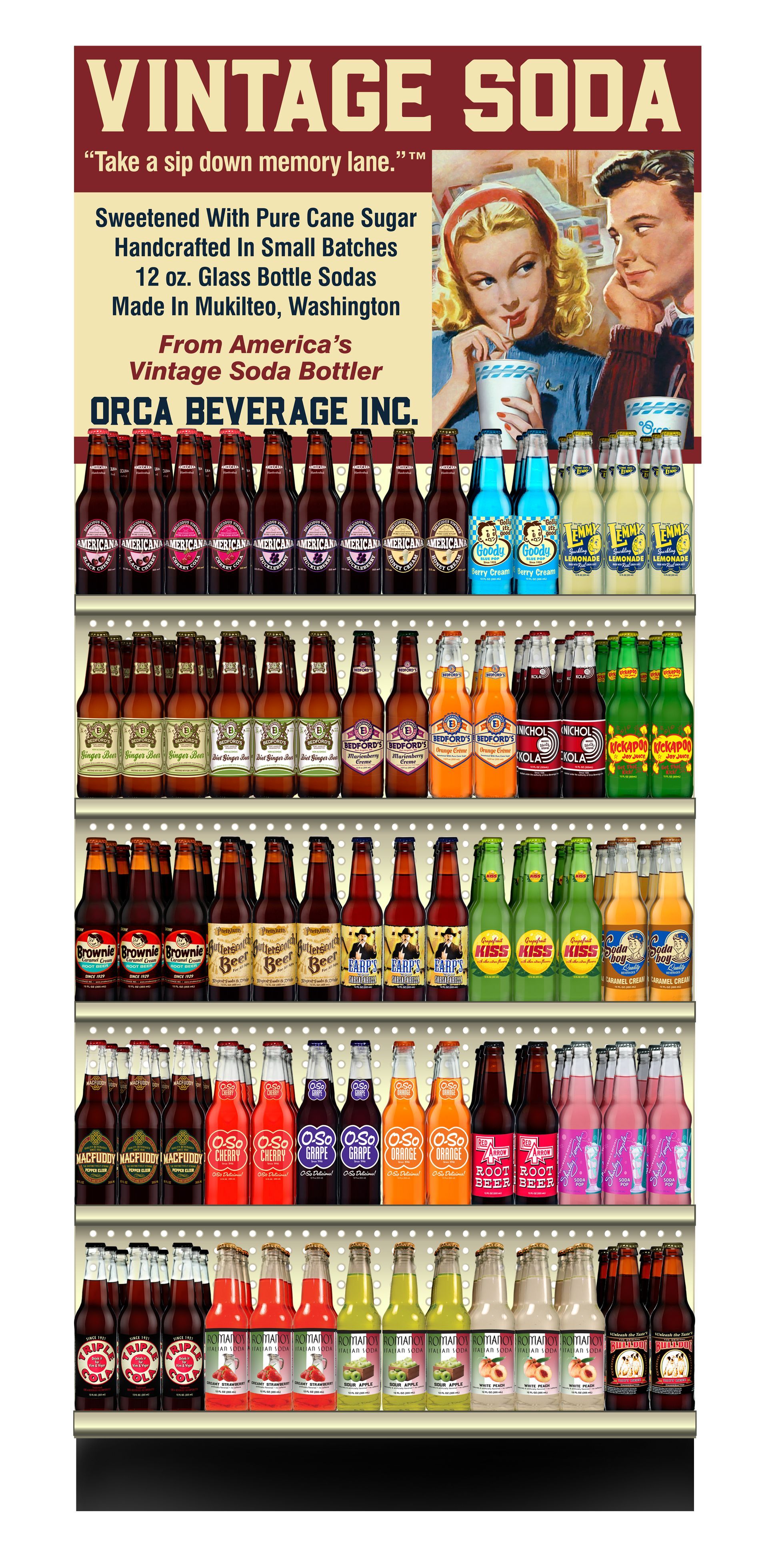 A shelf filled with bottles of soda and a sign that says vintage soda.