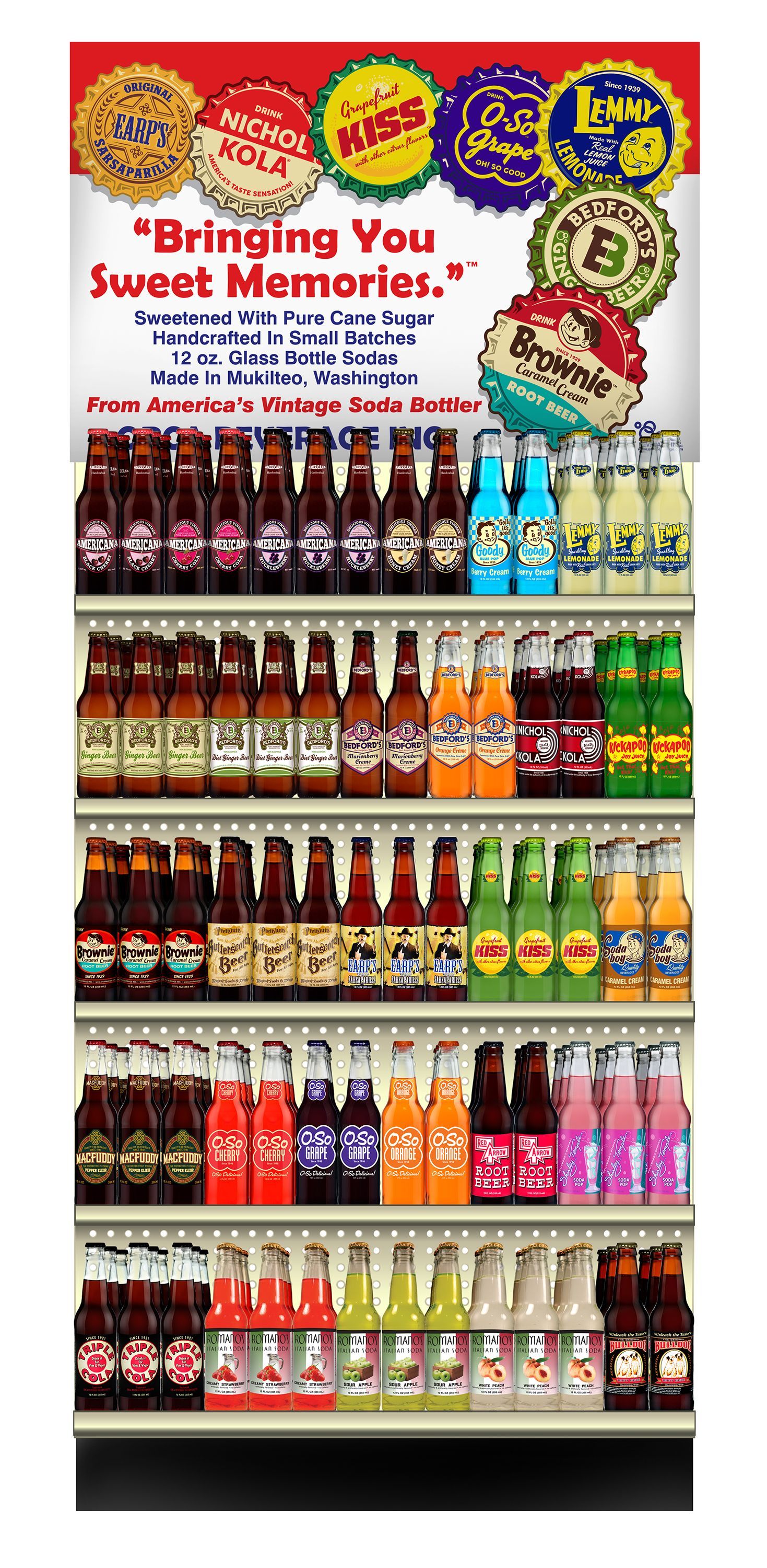 A store shelf filled with bottles of soda and juice.