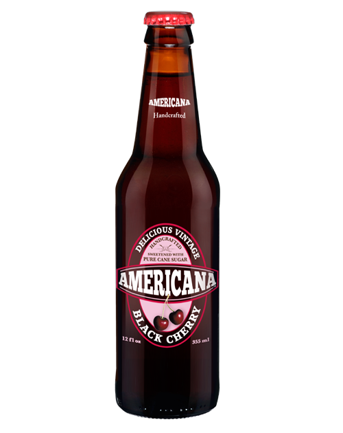 A bottle of americana black cherry beer on a white background