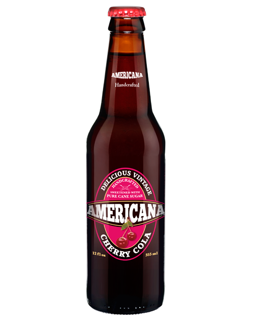 A bottle of americana cherry cola on a white background.