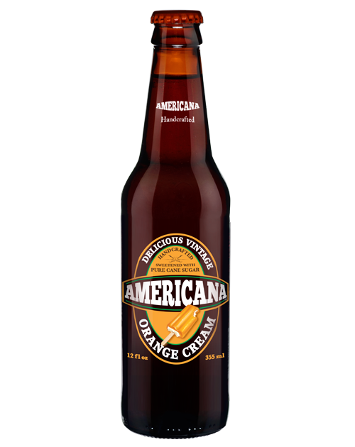 A bottle of americana orange cream soda on a white background.