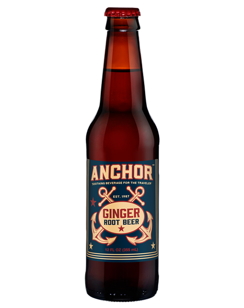 A bottle of anchor ginger root beer on a white background