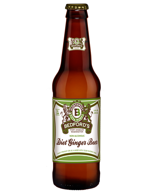 A bottle of bedford 's diet ginger beer on a white background.