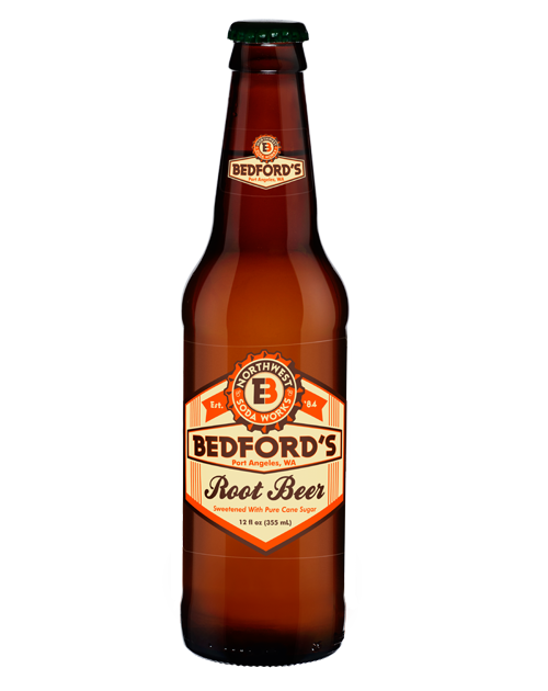 A bottle of bedford 's root beer on a white background.