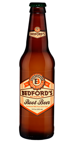 A bottle of bedford 's root beer on a white background.