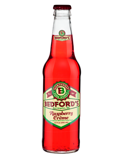 A bottle of bedford 's raspberry creme soda on a white background