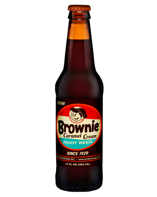 A bottle of brownie root beer on a white background