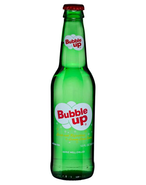 A green bottle of bubble up soda on a white background