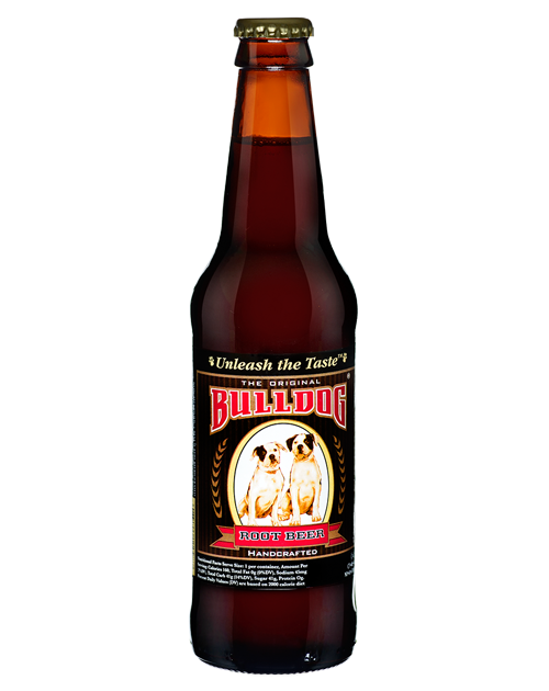 A bottle of bulldog beer with two dogs on the label