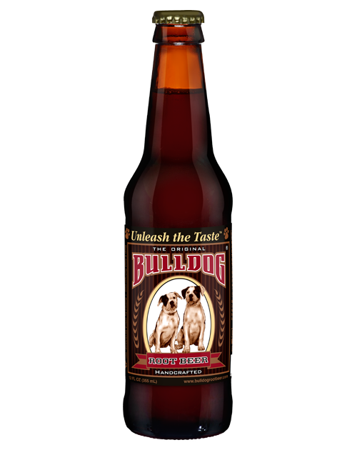 A bottle of bulldog beer with two dogs on the label