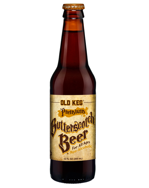 A bottle of old keg butterscotch beer on a white background.