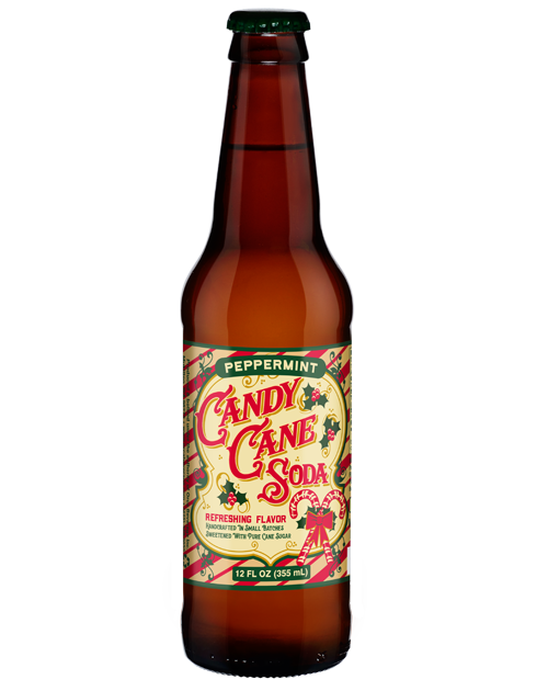 A bottle of candy cane soda on a white background.