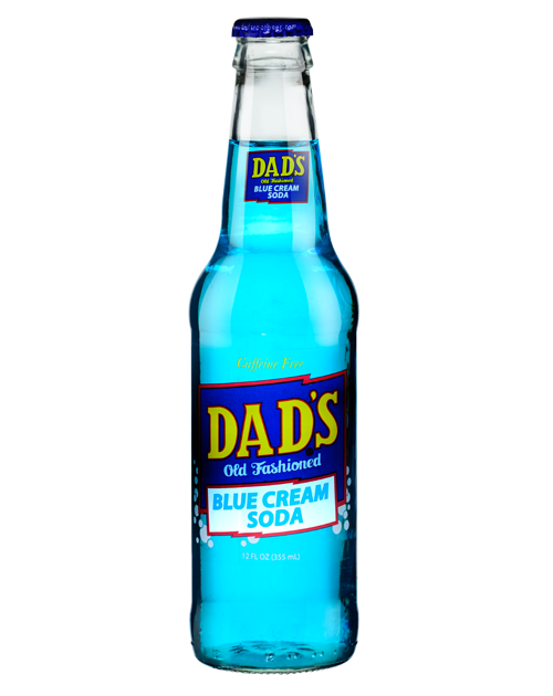 A bottle of dad 's blue cream soda on a white background