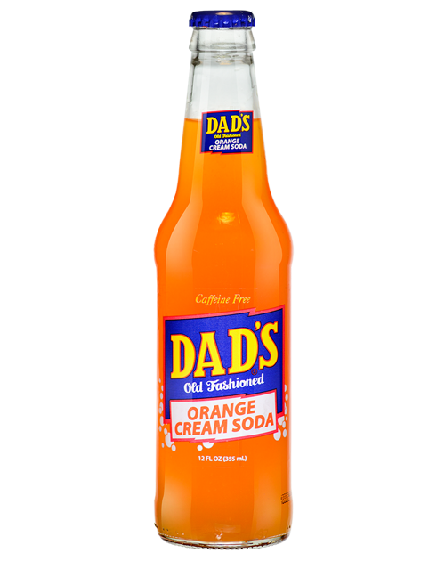 A bottle of dad 's orange cream soda on a white background