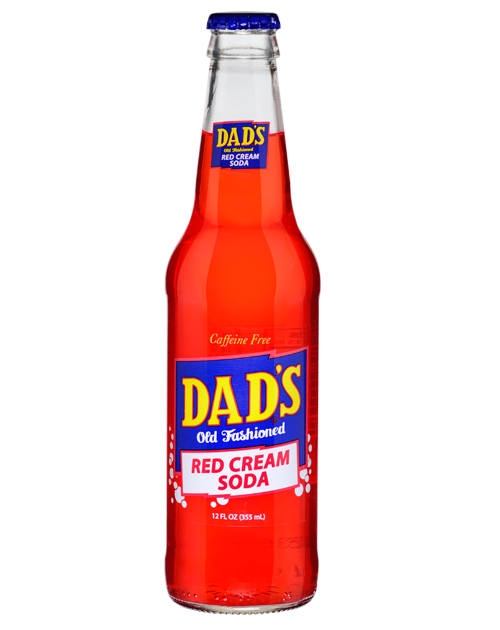 A bottle of dad 's red cream soda on a white background