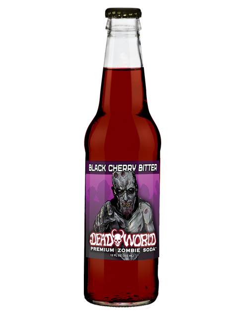 A bottle of black cherry bitter soda with a zombie on the label.