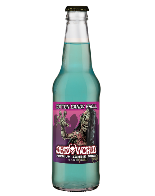 A bottle of cotton candy soda with a zombie on the label.