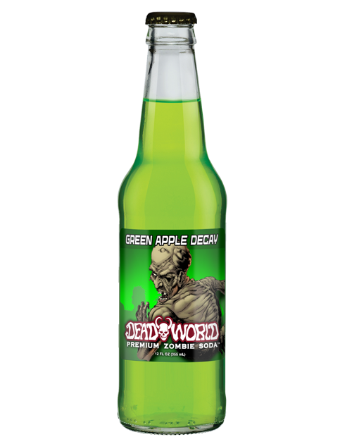 A bottle of green apple decay soda with a zombie on the label.