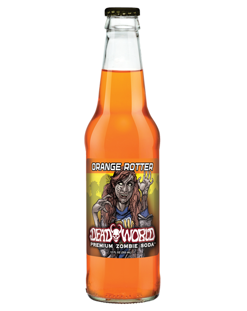 A bottle of orange potter zombie soda with a woman on the label.