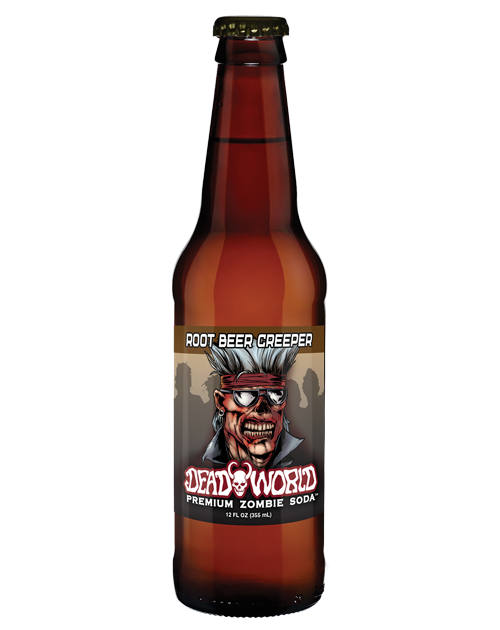 A bottle of root beer with a zombie on the label