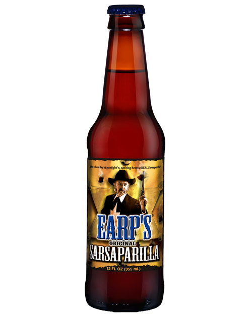 A bottle of farp 's original sarsaparila beer with a cowboy on the label.