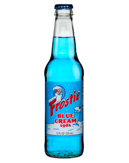 A bottle of frostie blue cream soda on a white background.